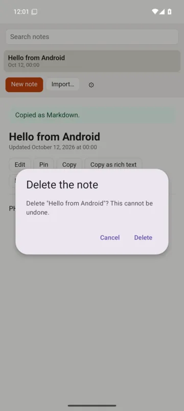Tapping Delete opens a native Android dialog, “Delete the note”, with Cancel and Delete buttons.