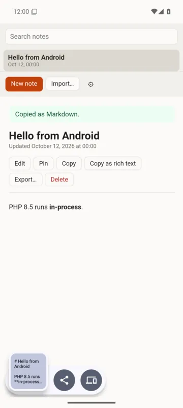 After tapping Copy, the page says “Copied as Markdown.”, and the clipboard preview of Android shows the Markdown source that PHP copied.