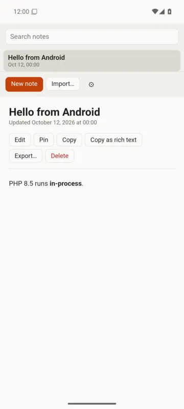 The Notes demo on an Android phone: a note titled “Hello from Android”, its Markdown rendered as “PHP 8.5 runs in-process.”